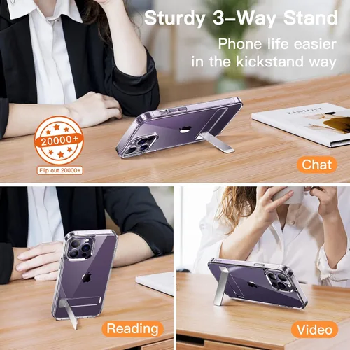 Vista 4 de JETech Funda con función atril para iPhone 14 Pro Max de 6.7 pulgadas, soporta carga inalámbrica, funda delgada a prueba de golpes, soporte de metal