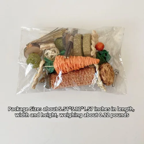 Vista 8 de Juguetes masticables de conejo con golosinas colgantes para masticar, rechinar dientes, palitos de madera de manzanas, heno Timothy, flor de pastel