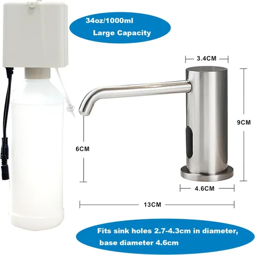 Vista 3 de Dispensador de jabón automático sin contacto para fregadero de cocina y baño, dispensador de jabón eléctrico comercial líquido de níquel cepillado