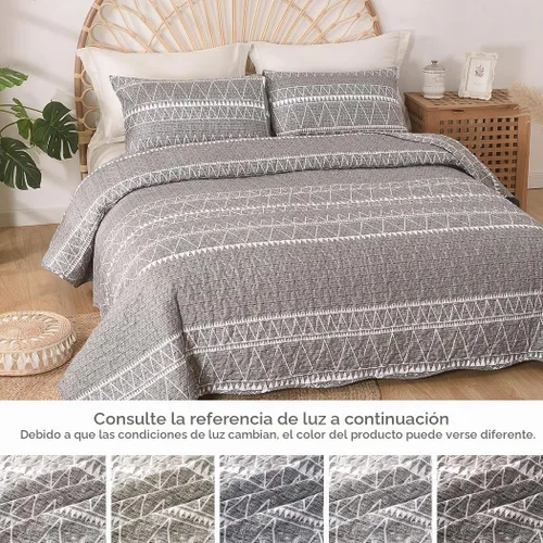 Vista 8 de Lekesky Juego de edredón gris tamaño Queen, 3 piezas (1 edredón + 2 fundas de almohada), edredón bohemio reversible ligero de microfibra suave
