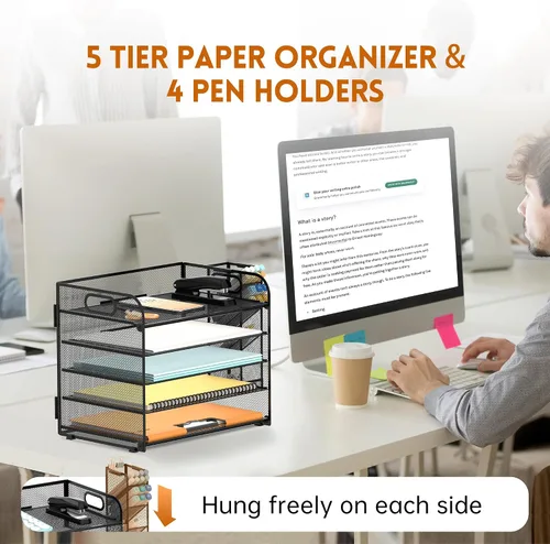 Vista 5 de SUPEASY Organizador de escritorio de 5 niveles con asa y soportes extraíbles para bolígrafos, organizador de papel de malla/archivos para Negro