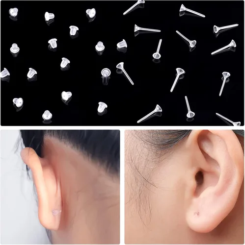 Vista 6 de KINBOM 100 pares de aretes de plástico transparente, protectores de aretes, aretes de plástico invisibles, aretes de plástico transparente, aretes