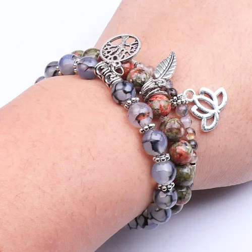 Vista 5 de UEUC - Pulseras Reiki, apilables, de piedras curativas, cristales, con dije del árbol de la vida, yoga y hoja de loto, contra la ansiedad