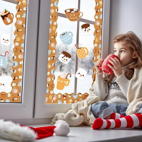 Vista 7 de Tableros de Anuncios de Navidad e Invierno - 115Pcs Set de Diseño de Taza de Cacao de Invierno con Puntos de Pegamento, Cartulina Duradera y Taza