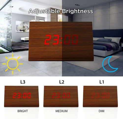 Vista 4 de Moderno reloj despertador con indicador de temperatura y calendario con diseño triangular de madera con luces led. Gearonic TM. Marrón