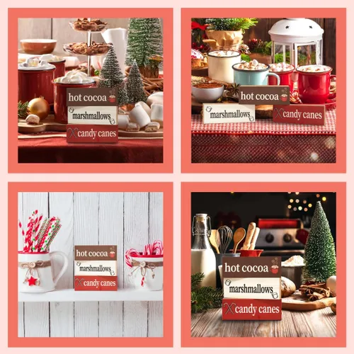 Vista 8 de Juego de 3 piezas de bloques de madera de malvaviscos de chocolate caliente, decoración navideña para barra de cacao caliente o estante