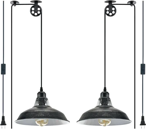 Vista 9 de Lámpara colgante con polea industrial E26, lámpara colgante vintage con interruptor de encendido/apagado de cable de 16.4 pies para mesa de billar