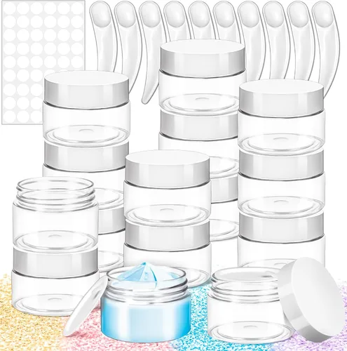 Vista 11 de Paquete de 50 de 10 g pequeños contenedores de cosméticos de plástico con tapas, frascos de maquillaje de 10 gramos de color ámbar con espátulas