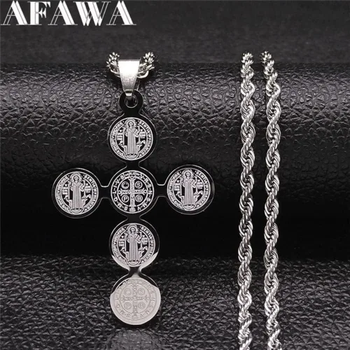 Vista 2 de Collar de cruz de acero inoxidable con medalla cristiana de San Benito N4525