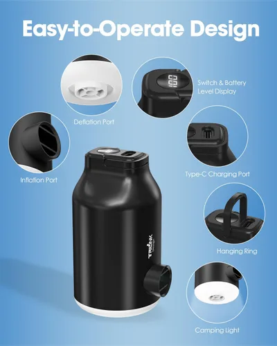 Vista 3 de Mini bomba de aire portátil para inflables, compacta, recargable, rápida inflación y desinflación con 5 boquillas, luz LED, apagado automático