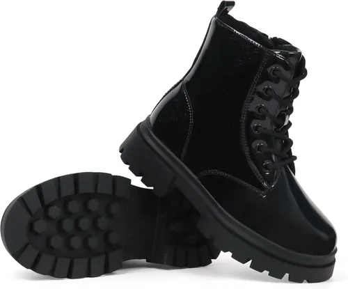 Vista 4 de starmerx Botas de tobillo para niñas, botas de combate con cordones y cremallera lateral, cómodas botas para niños