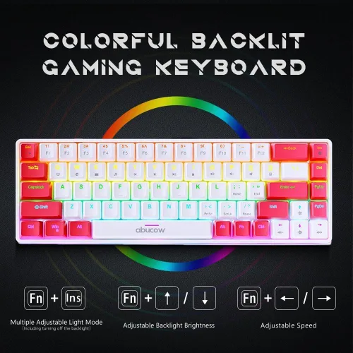 Vista 3 de abucow Teclado mecánico con cable 60% Diseño compacto de 68 teclas, anti-fantasma completo, interruptor marrón intercambiable, teclas rojas