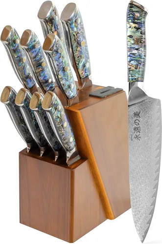 Vista 13 de Cuchillo de cocina de Damasco, acero de damasco de 67 capas, juego de cuchillos de chef profesionales de 13 pulgadas para cocina, mango ergonómico