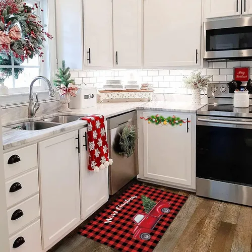 Vista 2 de Juego de alfombras y tapetes de cocina de Navidad, tapete de búfalo rojo a cuadros, antideslizante, tapete lavable para interiores