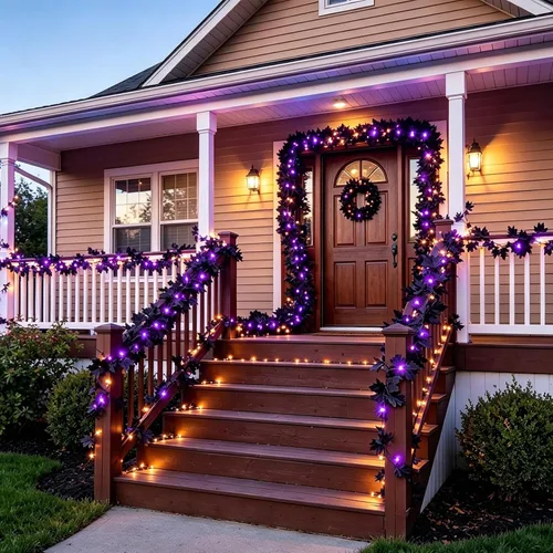 Vista 7 de Halloween Decor-2Pcs Black Maple Leaf Garland,Battery Operated String Light 6.5 Ft 30LED Purple Lights for Fireplace,Porch,Table,Wall,Party,Indoor