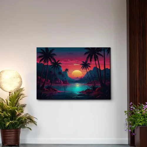 Vista 6 de Neon Sunset Vibes Florida Synthwave Sunset Framed Canvas Print, Retro Miami Style Wall Art, Canvas, Decor