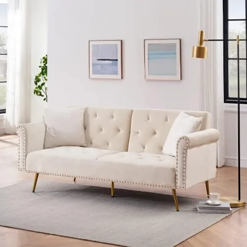 Vista 3 de Anwick Sofá cama tipo futón convertible de terciopelo de 69 pulgadas con 2 almohadas, moderno sofá cama plegable con 3 respaldos ajustables, sofá