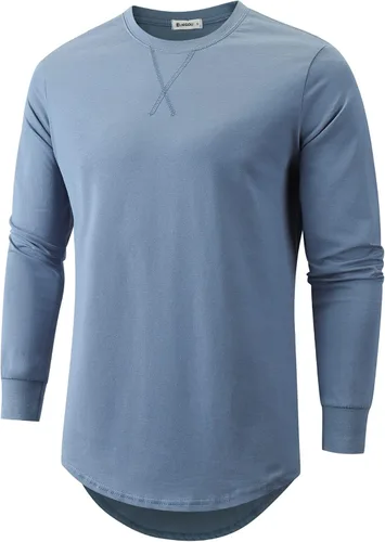 Vista 38 de KLIEGOU Camiseta larga 100% algodón para hombre, preencogida, suave 66 Gris Azul