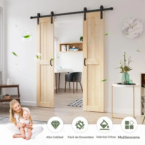 Vista 2 de Losa de puerta corrediza de madera de granero de 36 x 84 pulgadas (puerta doble de 18 x 84 pulgadas) con kit de herramientas de 6.6 pies, requiere