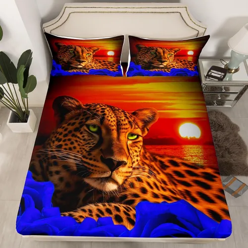 Vista 32 de Erosebridal Juego de sábanas bajeras de rosas rojas y leopardo, tamaño individual, diseño de animales africanos salvajes, diseño de plantas