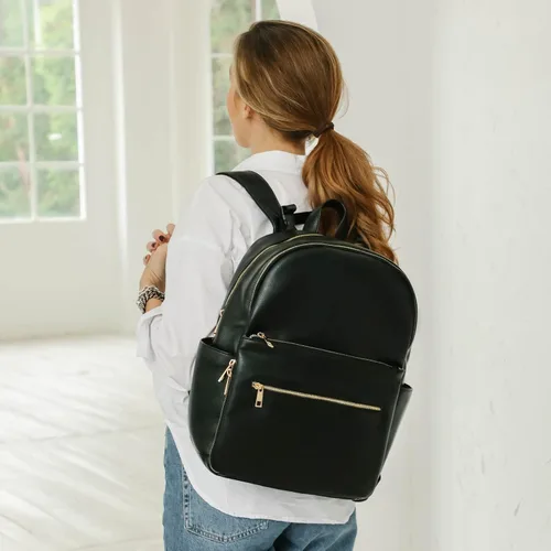 Vista 2 de Omanmoli Mochila para pañales de bebé, bolsa de pañales de cuero, mochila para mamá y papá con 18 bolsas organizadoras, 6 bolsillos aislados, Negro
