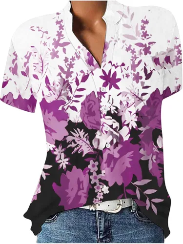 Vista 2 de Y2k Spring Cut Out Short Sleeve T-Shirt for Women Party Floral Button Tshirts Comfort Lapel Tunics