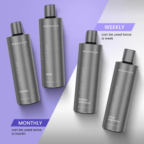 Vista 4 de MOEHAIR Champú color rubio vibrante Neutraliza los tonos amarillos Elimina el cobrizo Sin parabenos ni sulfatos Champú morado con protección