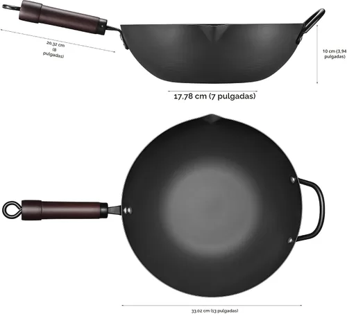 Vista 2 de FGJ Wok, wok de 13 pulgadas de acero al carbono con vaporera y sartenes para saltear sin adherencia, woks chinos pre-curados de 5.8QT de fondo plano