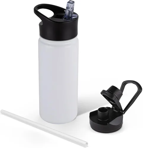 Vista 100 de Botella de agua aislada de 64 onzas con tapas de pajita y boquilla, jarra de agua de acero inoxidable de medio galón con mango de paracord, vacío