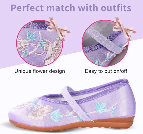 Vista 6 de BESSIVIC Zapatos de vestir para niñas, zapatos Mary Jane para niñas con tacón bajo, zapatos planos de ballet de flores de princesa para bodas