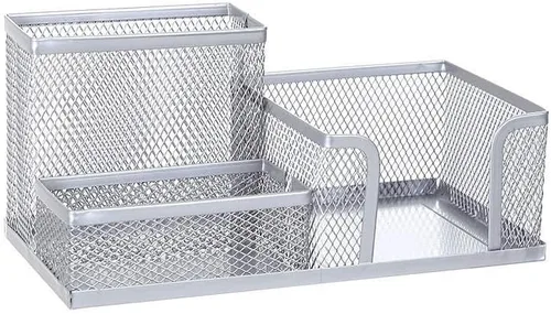 Vista 4 de Office Wisdom - Organizador de oficina de metal de malla plateada con soporte para lápices