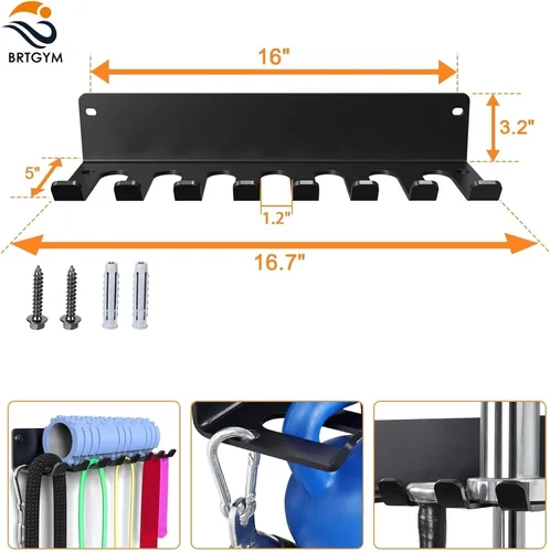 Vista 3 de Organizador de gimnasio, colgador de accesorios de gimnasio en casa, ganchos de montaje en pared para mancuernas olímpicas, asas de fila