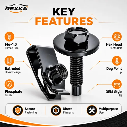 Vista 4 de Rexka 10 juegos de tuercas en U extruidas M6-1.0 y tornillos SEMS de cabeza hexagonal para GM Ford Chevy ChryslerJeep Dodge – multiusos – Protector