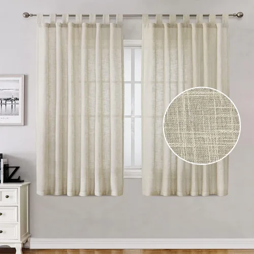 Vista 2 de Turquoize Cortinas traslúcidas de lino natural con pestaña superior de 63 pulgadas, cortinas filtrantes de luz y cortinas para sala de estar Marfil