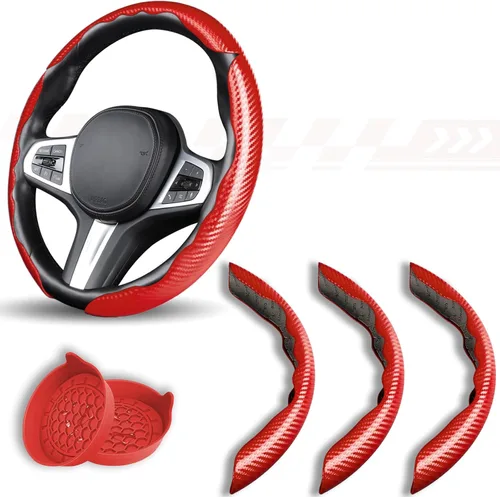 Vista 9 de Funda de volante de fibra de carbono de 3 piezas, protector para volante de automóvil con forro antideslizante, microfibra transpirable universal