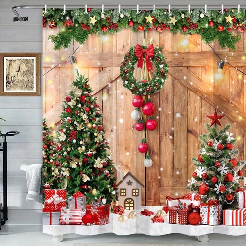 Vista 2 de Cortina de ducha de granja de Navidad para baño, decoración del hogar de árbol de Navidad de invierno, cortinas de baño de madera de puerta