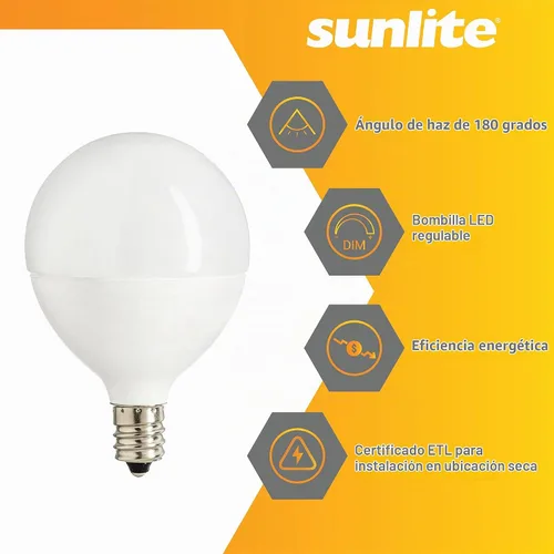 Vista 3 de Sunlite Bombilla LED G16.5, 7 vatios (equivalente a 60 W), 500 lúmenes, regulable, base de candelabro tipo G en forma de globo E12, bombillas Blanco