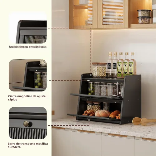 Vista 4 de Panera de bambú grande de doble capa para encimera de cocina, contenedor de almacenamiento de pan de gran capacidad de madera con soporte para pan