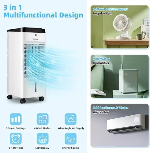 Vista 6 de COSTWAY Enfriador de aire evaporativo, 3 en 1 portátil, silencioso y humidificador con control remoto, 4 modos, oscilación de 70°, temporizador