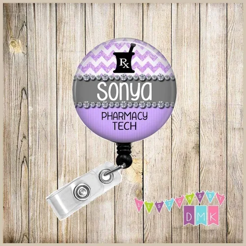Vista 2 de Pharmacy Tech - Rx - Personalizado - Bling - Púrpura - Chevron con purpurina - Carrete de insignia de botón - BR0279