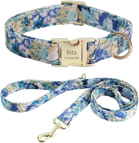 Vista 4 de Juego personalizado de collar y correa para perro con nombre y placa de número de teléfono, collar de perro con margaritas personalizado para perros