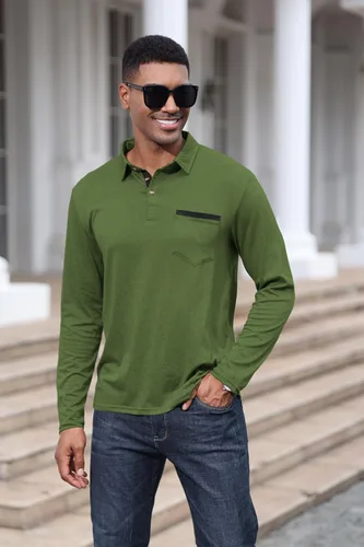 Vista 2 de Polo de algodón clásico de manga larga con botones térmicos y bolsillo para hombre