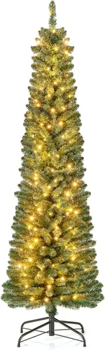 Vista 10 de GOFLAME Árbol de Navidad preiluminado de 5 pies, árbol de Navidad artificial con 180 luces LED, 10 modos de luz, 390 puntas de rama, soporte