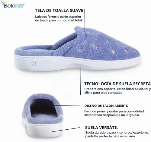 Vista 3 de isotoner Pantuflas tipo zueco bordadas extra pequeñas para mujer Flor gris jaspeado festoneada