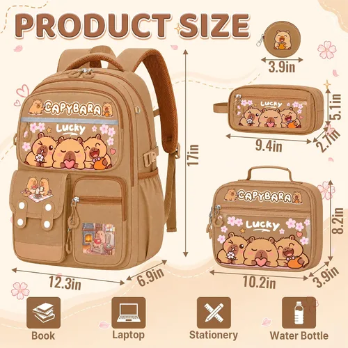 Vista 2 de Capybara Backpack for Girls, 4 PCS Capybara Backpack with Lunch Box Set Capibara.