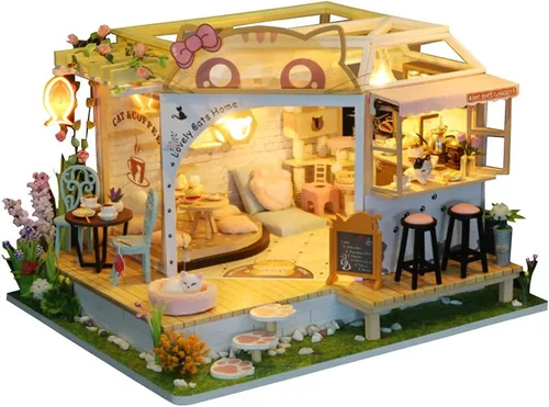 Vista 2 de Cat Cafe - Kit de casa de muñecas en miniatura de madera para mascotas, gatos, cafetería, accesorios de modelo de construcción con muebles, caja