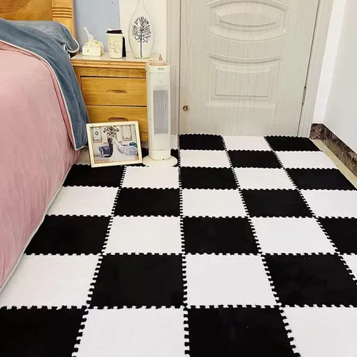 Vista 6 de 12 piezas de baldosas de alfombra de espuma entrelazadas para niños con borde, cuadrados gruesos de alfombra de felpa, tapetes de juego para el Negro