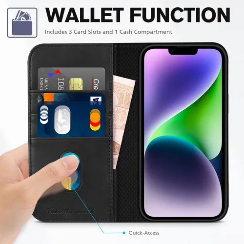 Vista 7 de TUCCH - Funda tipo cartera con 3 ranuras para tarjetas para iPhone 14 (6.1") 2022, color negro clásico