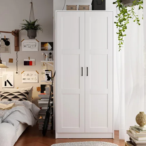 Vista 3 de Fddevelop Fenghua Lizhi Armario Guardarropa de Madera Blanca con 2 Puertas, Armario Independiente para Dormitorio con Estantes, Combinación