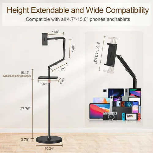 Vista 3 de Houele Soporte de Piso para Tableta con Bandeja Extraíble, Soporte de Piso para iPad para Cama, Soporte de Tableta de Altura Ajustable Porta iPad